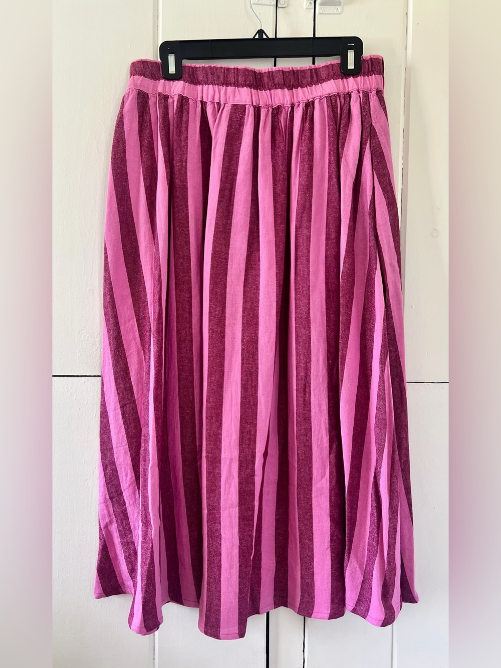 a new day Beach Bungalow Linen Midi Picnic Skirt Striped Pink & Purple Medium